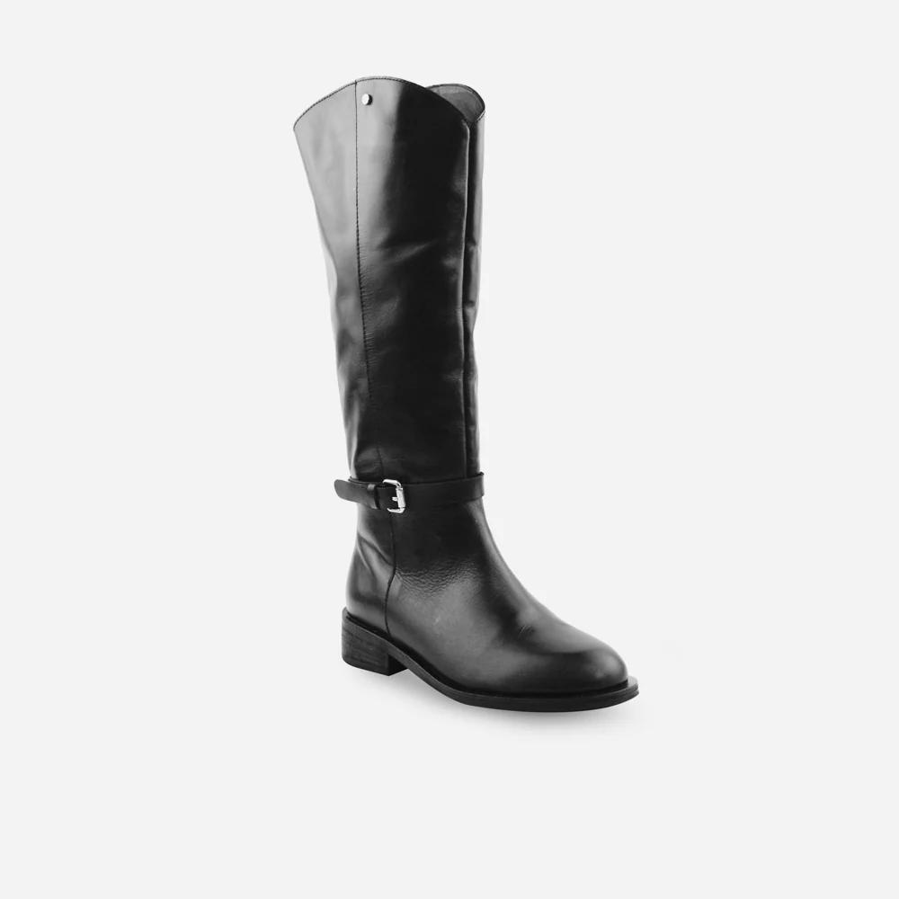 Bota plana rosetta de cuero graso para mujer - Negro - Image 2
